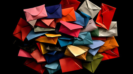 A pile of colorful envelopes arranged on a black background, showcasing variety and creativity . illustration