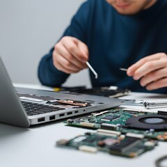 Technician repairing a laptop with tools on the table, captured in hyper-realistic 4K HDR detail. Close-up view of the open laptop, showing the intricate motherboard and components. Keywords: laptop r