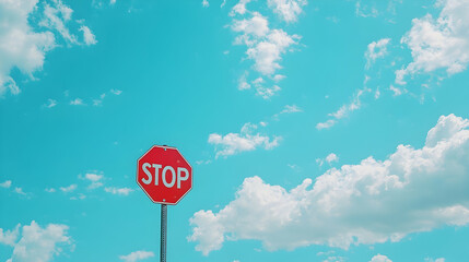 A red stop sign against a bright blue sky with fluffy clouds, emphasizing road safety. high quality image