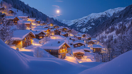 A tranquil mountain village covered in snow shines warmly with lights under a full moon during twilight
