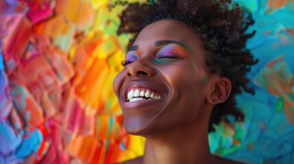 Obraz premium Surrounded by dynamic hues, a resilient LGBTQ scholar's joyful smile embodies their celebration of love and acceptance