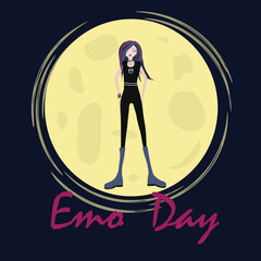 National Emo Day. A vector illustration of an emo goth girl with purple hair, wearing black and blue boots, standing in front of the moon