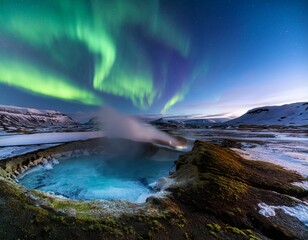 Fototapeta premium The Unique Landscapes of Iceland, Featuring Geysers, Volcanic Craters, and Glacial Lagoons, With Dramatic Northern Lights Adding a Magical Touch to This Geothermal Wonderland