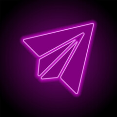 Paper airplane simple icon vector. Flat design. Purple neon on black background