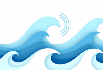 Abstract illustration of ocean waves with a tsunami warning symbol in a blue color palette