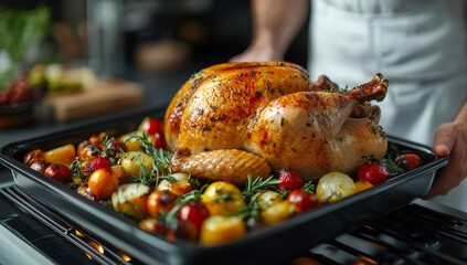 Fototapeta premium A person is holding a large roasted turkey with vegetables on top of a pan. The turkey is golden brown and looks delicious
