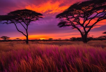 Fototapeta premium expansive savanna landscape bathed dramatic sunset hues purple silhouetted grasslands sparse vegetation, colors, orange, pink, sky, clouds, nature, light