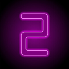 Number two, numeral simple icon vector. Flat design. Purple neon on black background