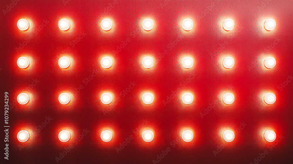 Poster A grid of bright round infrared lights gleams against a vibrant red backdrop, creating an eye-catching visual effect in a creative studio environment