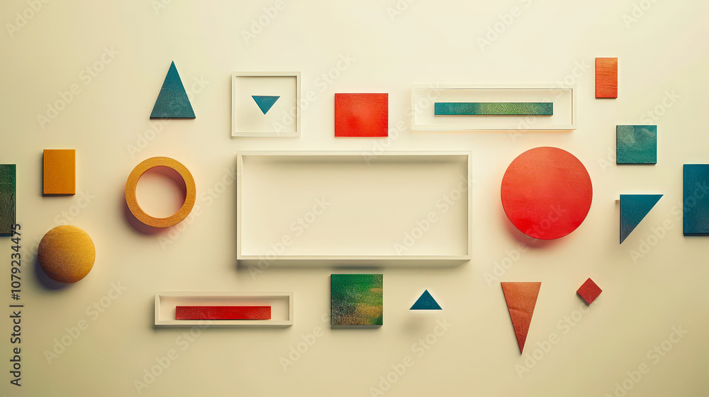 Poster A collection of vibrant geometric shapes in various sizes and colors is displayed on a light-colored wall, creating an artistic atmosphere that inspires creativity