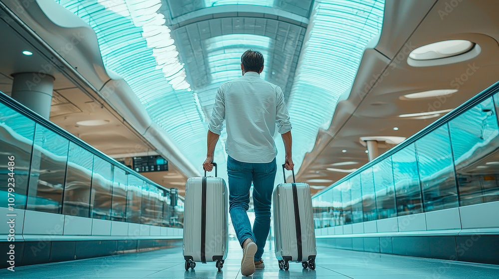 Poster a traveler makes his way through a spacious airport terminal, rolling two suitcases while surrounded