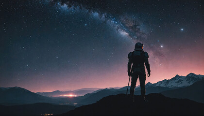 Fototapeta premium A lone figure stands on a mountaintop, gazing at the Milky Way galaxy, which stretches across the night sky