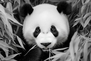 A panda bear enjoying bamboo in a lush forest with soft natural light enhancing its black-and-white fur