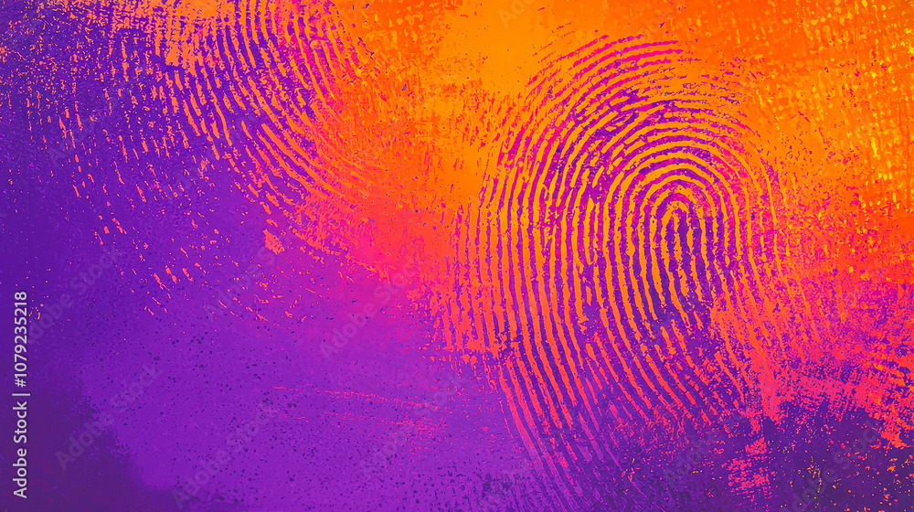 Poster fingerprint patterns blending into a vibrant purple and orange abstract background, creating a strik