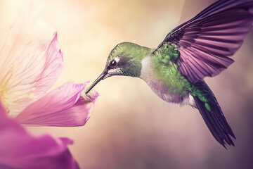 Fototapeta premium Colorful hummingbird feeding from pink flower, vibrant mood, macro nature photography