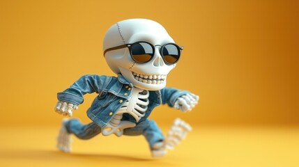 A cartoon skeleton in denim jacket and jeans runs forward with a grin on its face and sunglasses on.