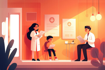 Children interact with a doctor in a bright clinic during a routine check-up