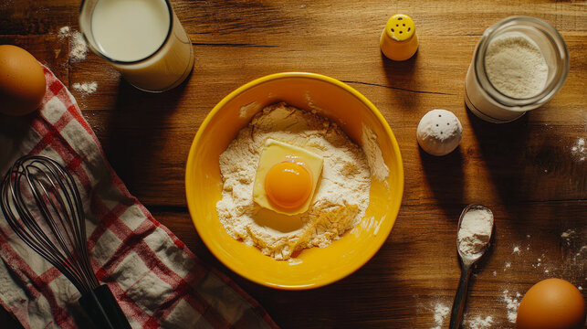 A bowl with flour, an egg, and butter sits on a wooden table alongside eggs, milk, and utensils, capturing the joy of baking on a sunny afternoon - Powered by Adobe