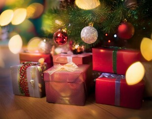 Regalos debajo del Arbol de Navidad con adronos y luces navideñas