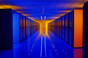 Fototapeta premium Vibrant Server Room - A Technological Hallway of Illumination and Reflection