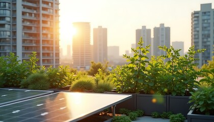 A solar panel with greenery and buildings in the foreground, against the background of the setting sun