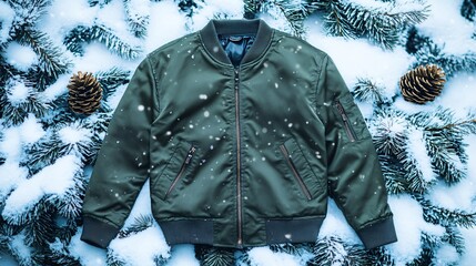 Modern bomber jacket in olive green, isolated with a snowy background and subtle pinecones and snowflakes