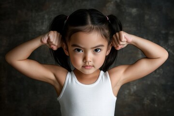 Determined Young Girl Flexing Muscles Against Dark Background