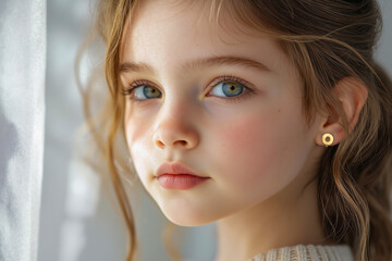 A little girl with blue eyes looking out of a window
