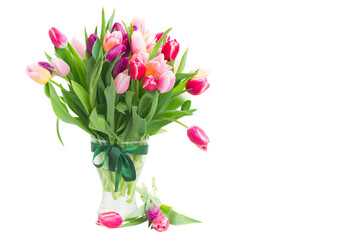 pink and violet tulips bouquet in vase