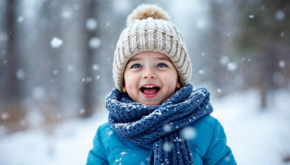 A young boy bundled in a knit hat and scarf, catching snowflakes on his tongue, smiling joyfully in a snowy winter setting.
