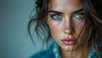 A close-up portrait of a young woman with intense blue-green eyes and natural, textured skin, looking directly at the camera.