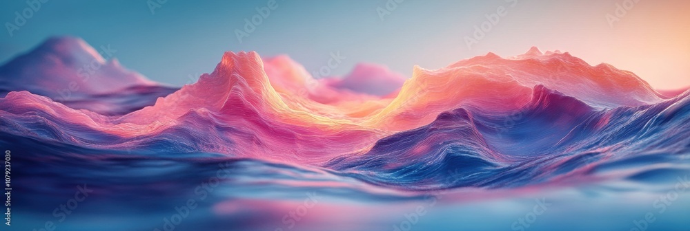 Poster visionary digital scenery with fluid wave patterns on a blue gradient backdrop, embodying a tech-the