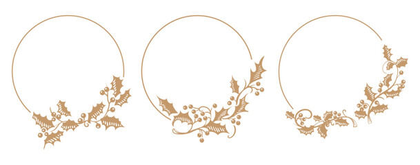 Gold Christmas holly botanical frames. Flat illustration border with golden leaves and berries on white background. Gold line circle with plant wreath. Vector image.