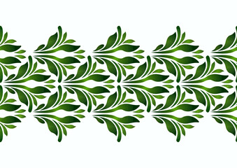 Green leaves design seamless border on white background. Folk floral vector illustration. Ethnic paisley ornament. Stylized fresh greenery. Fantasy curved leaves for decor clothes, home, etc