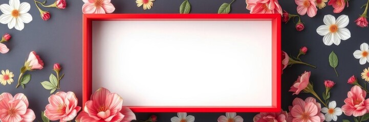 Obraz premium Floral half frame with red and white flowers surrounding an empty dark blue box, perfect for adding your own content, customizable, dark blue