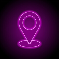 Location pointer simple icon vector. Flat design. Purple neon on black background