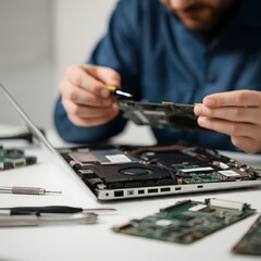 Technician repairing a laptop with tools on the table, captured in hyper-realistic 4K HDR detail. Close-up view of the open laptop, showing the intricate motherboard and components. Keywords: laptop r