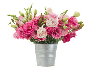 Pink eustoma flowers in metal pot