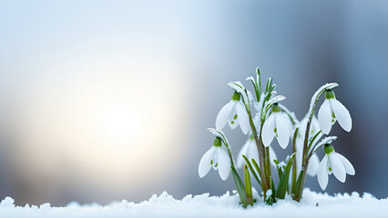 spring snowdrops in snow