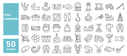 Set of 50 line icons related to fish farming, factory, canned, sardine, tuna, salmon, breeding, seafood, manufacturing, fish, aquaculture, Editable stroke. Vector illustration