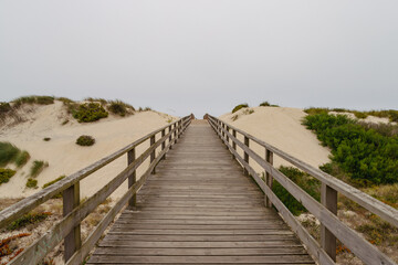 Beach in cloudy weather. Wooden path on the ocean shore. Portuguese Way