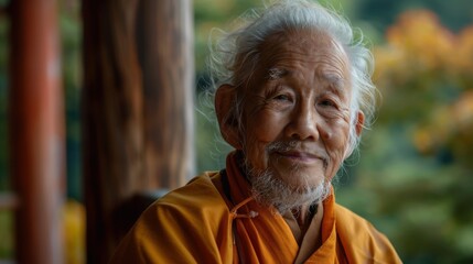 Surrounded by a spectrum of backgrounds, a dignified Asian elder's confident stance exudes a timeless elegance and poise