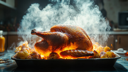 A roasted turkey with a lot of smoke coming out of it. The turkey is surrounded by potatoes and carrots