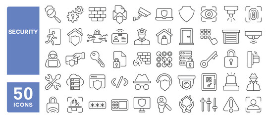 Set of 50 line icons related to security, safety, protection, cyber, shield, access, network, guarantee, Editable stroke. Vector illustration