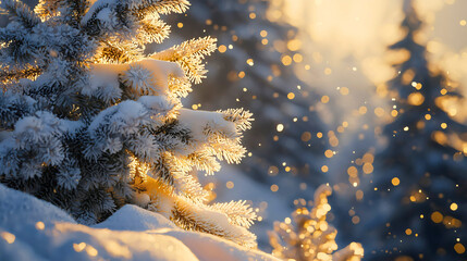 The beautiful snow falling on the pine forest, with a light dusting of snow collecting on the trees, while in the background, the sun's rays slowly set.
