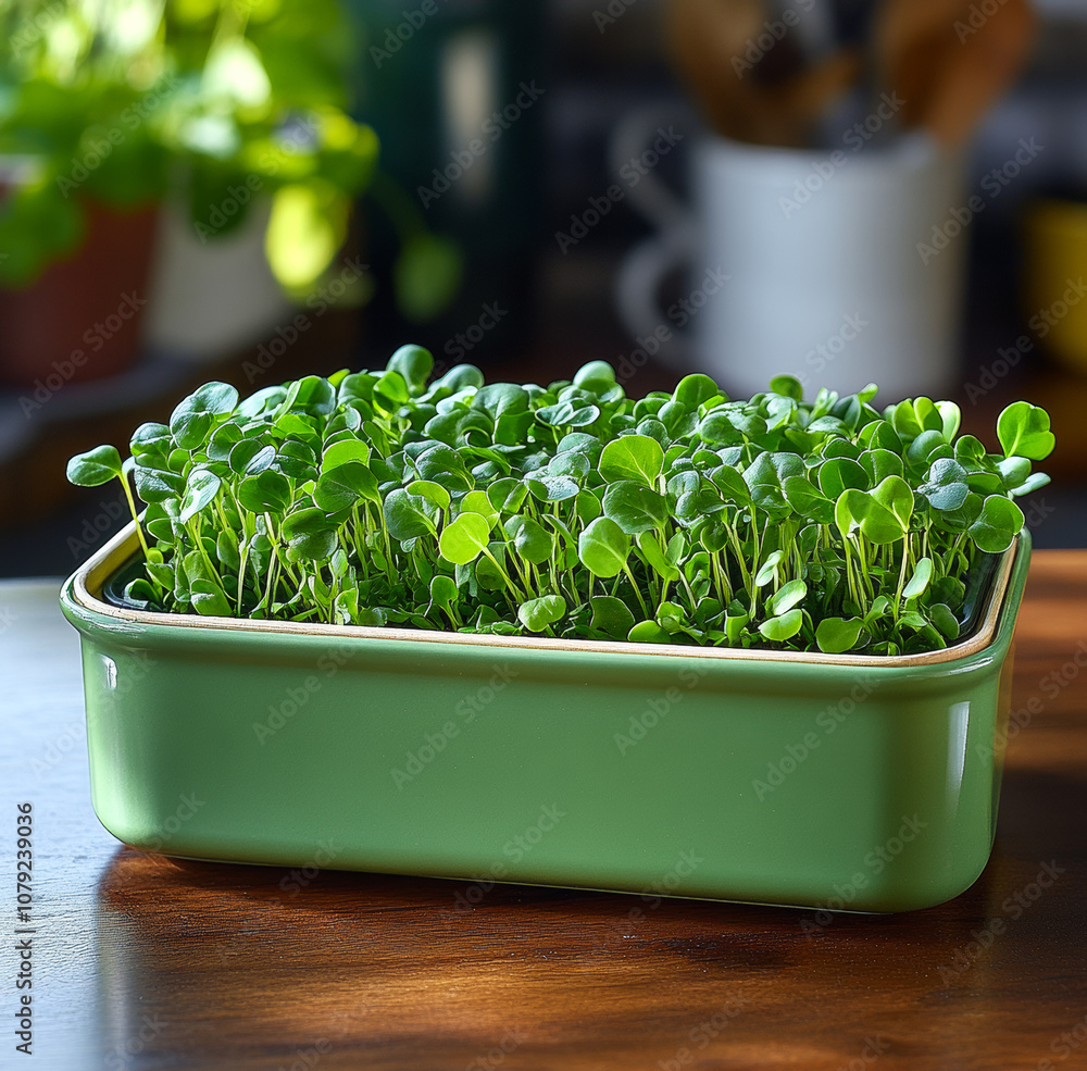Poster a green container with sprouts sits on a wooden table. the container is filled with a variety of gre
