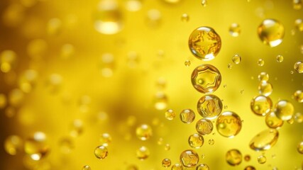 Macro drops of CBD oil and cannabis oil floating with bubbles on blue and orange background, ultra close up banner with text space for design CBD oil concept, background, CBD