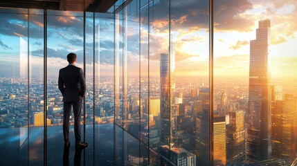Fototapeta na wymiar Confident businessman in a suit contemplating a business deal while looking out his office window, with a panoramic view the city