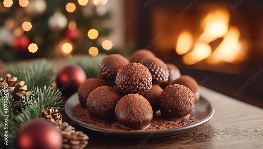 Poster a plate of chocolate covered doughnuts sits on a table next to a christmas tree. the plate is covere