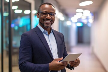Confident businessman using his tablet to manage a project in his modern office, smiling